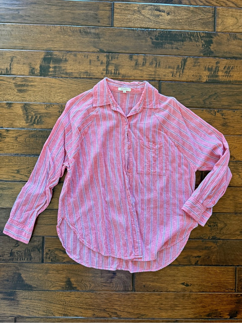 Z Supply Casual Button-Down Shirt - washed red color with blue & white stripes